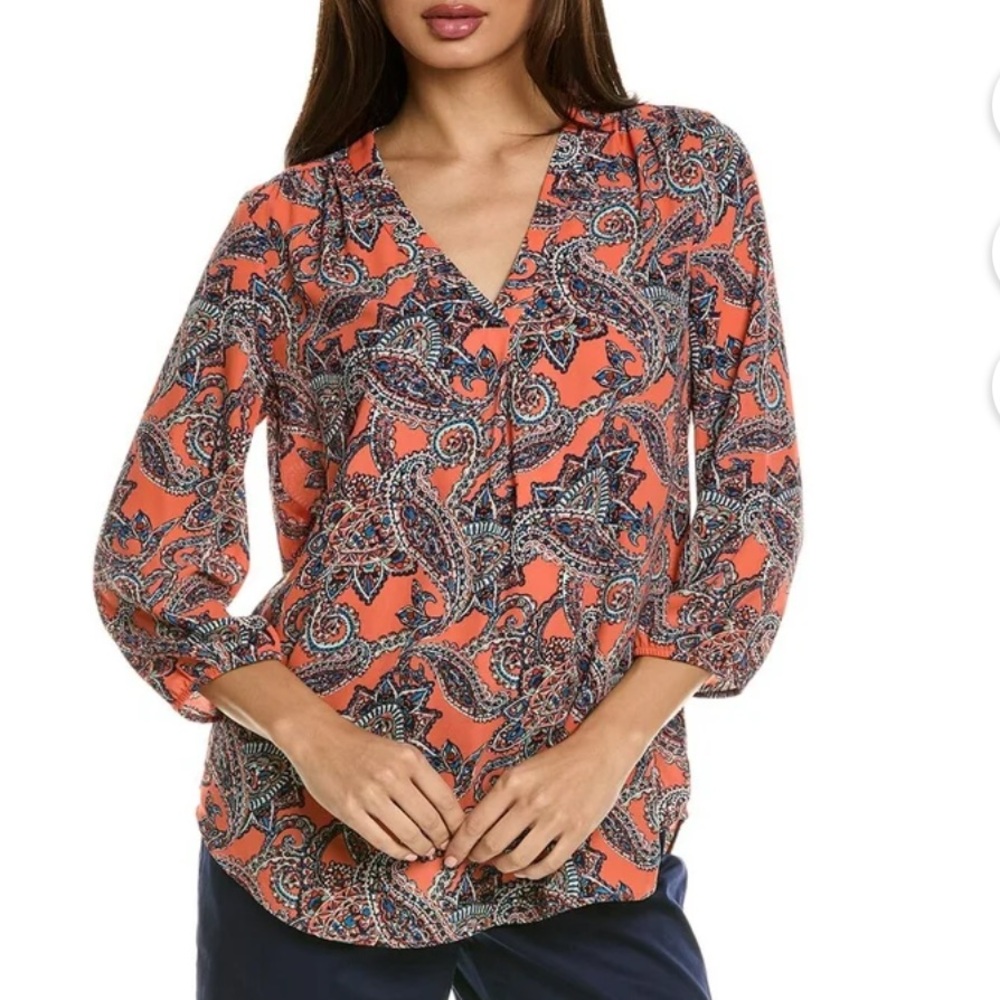 Jones New York Orange Pleated Tunic with Flutter Sleeves